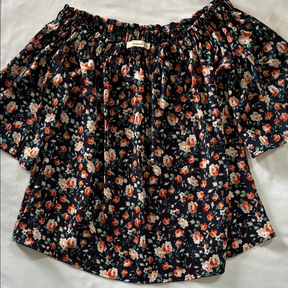 Floral Off-Shoulder Tunic Top in Black with Coral & Cream Blooms